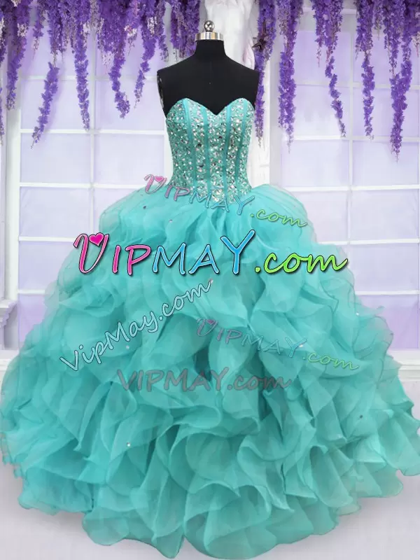 Beauteous Aqua Blue Ball Gowns Organza Sweetheart Sleeveless Beading and Ruffles Floor Length Lace Up Quince Ball Gowns