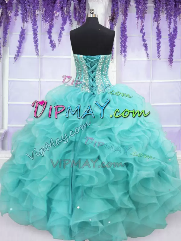 Beauteous Aqua Blue Ball Gowns Organza Sweetheart Sleeveless Beading and Ruffles Floor Length Lace Up Quince Ball Gowns