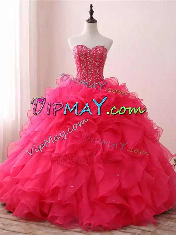 Luxury Hot Pink Ball Gowns Organza Sweetheart Sleeveless Beading and Ruffles Floor Length Lace Up Sweet 16 Dresses