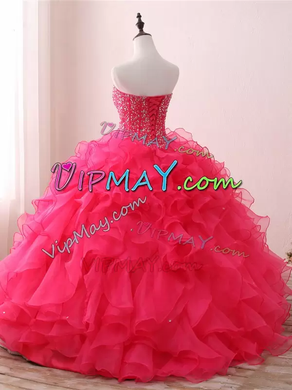 Luxury Hot Pink Ball Gowns Organza Sweetheart Sleeveless Beading and Ruffles Floor Length Lace Up Sweet 16 Dresses