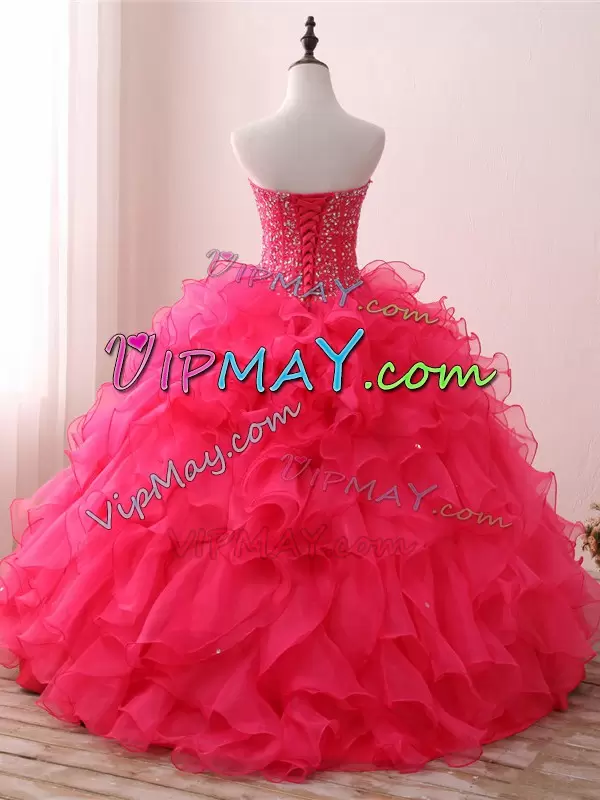 Luxury Hot Pink Ball Gowns Organza Sweetheart Sleeveless Beading and Ruffles Floor Length Lace Up Sweet 16 Dresses