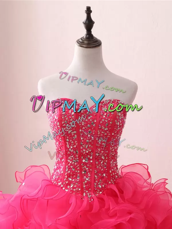 Luxury Hot Pink Ball Gowns Organza Sweetheart Sleeveless Beading and Ruffles Floor Length Lace Up Sweet 16 Dresses