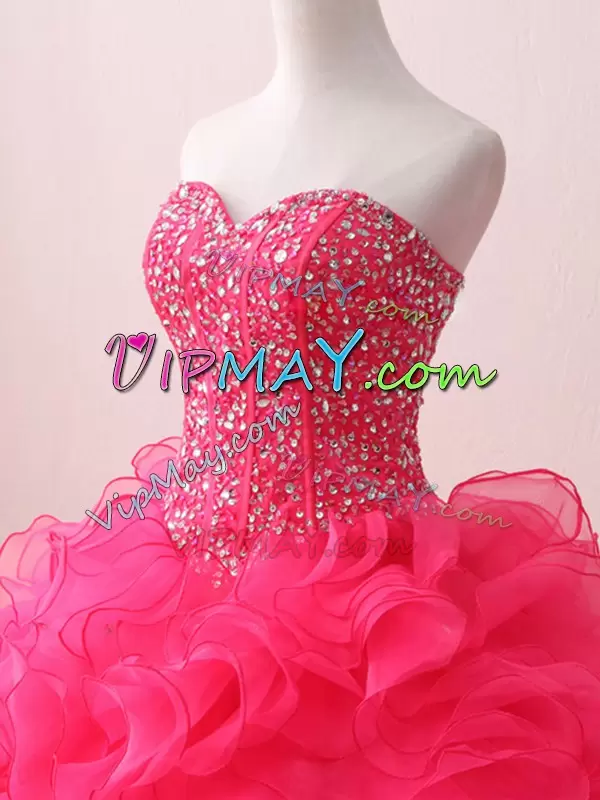 Luxury Hot Pink Ball Gowns Organza Sweetheart Sleeveless Beading and Ruffles Floor Length Lace Up Sweet 16 Dresses