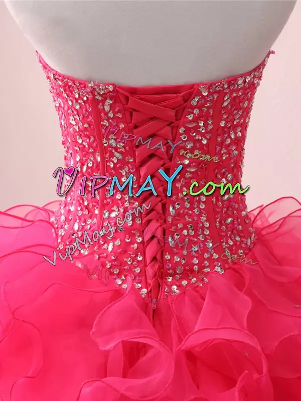 Luxury Hot Pink Ball Gowns Organza Sweetheart Sleeveless Beading and Ruffles Floor Length Lace Up Sweet 16 Dresses