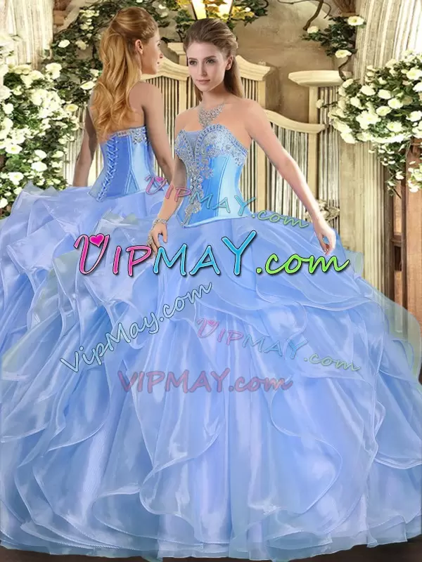 Baby Blue Ball Gowns Beading and Ruffles 15th Birthday Dress Lace Up Organza Sleeveless Floor Length