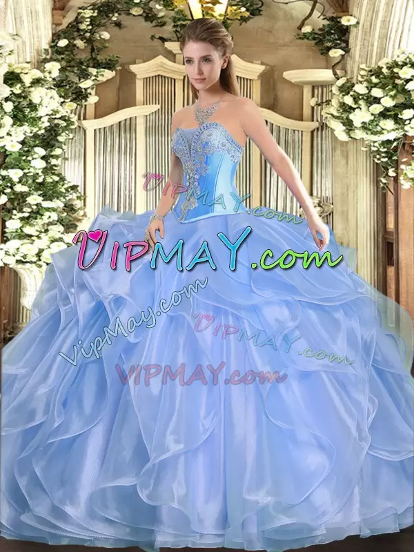 Baby Blue Ball Gowns Beading and Ruffles 15th Birthday Dress Lace Up Organza Sleeveless Floor Length