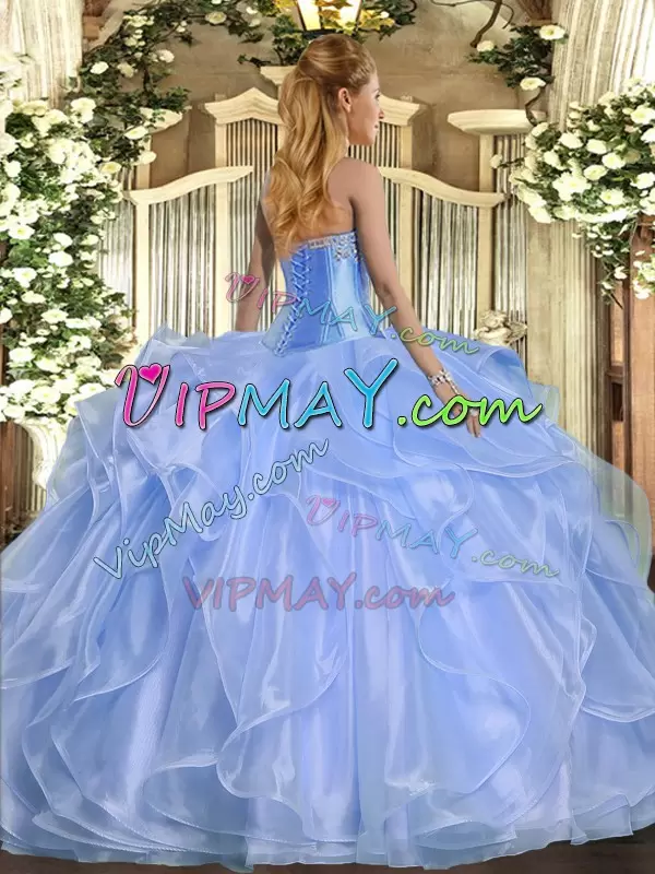 Baby Blue Ball Gowns Beading and Ruffles 15th Birthday Dress Lace Up Organza Sleeveless Floor Length