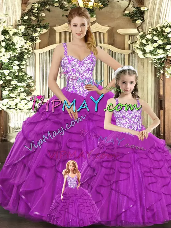 Noble Fuchsia Sleeveless Organza Lace Up 15th Birthday Dress for Military Ball and Sweet 16 and Quinceanera