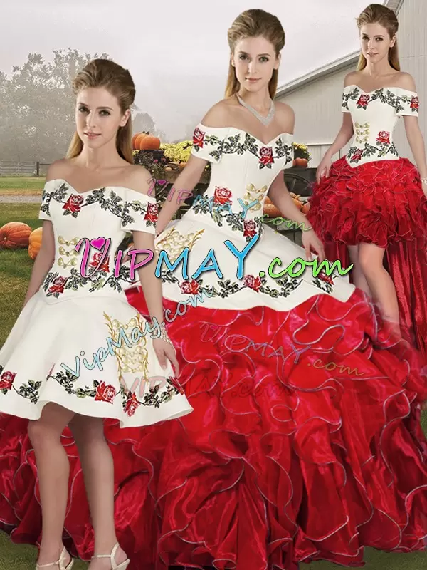 Graceful White And Red Organza Lace Up Sweet 16 Quinceanera Dress Sleeveless Floor Length Embroidery and Ruffles