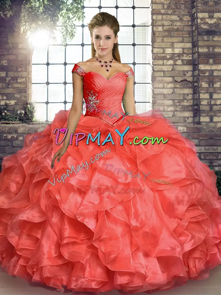 Floor Length Lace Up 15th Birthday Dress Coral Red for Military Ball and Sweet 16 and Quinceanera with Beading and Ruffles