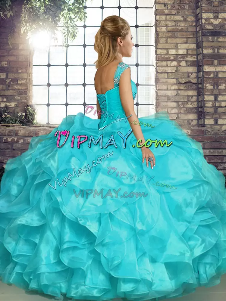 Floor Length Lace Up 15th Birthday Dress Coral Red for Military Ball and Sweet 16 and Quinceanera with Beading and Ruffles