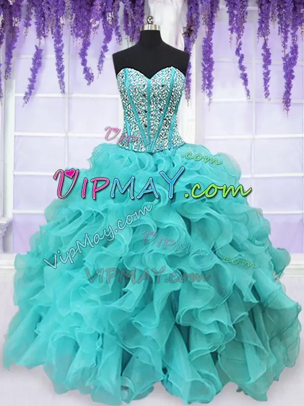 New Style Aqua Blue Sleeveless Beading and Ruffles Floor Length Quince Ball Gowns