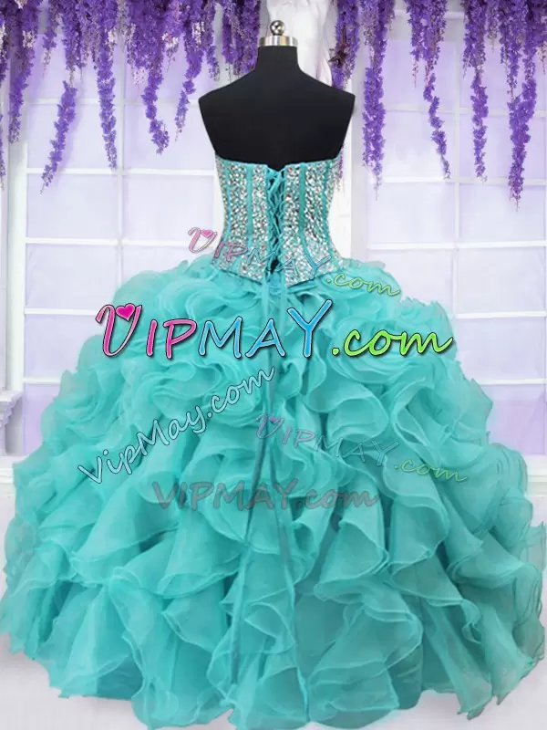 New Style Aqua Blue Sleeveless Beading and Ruffles Floor Length Quince Ball Gowns