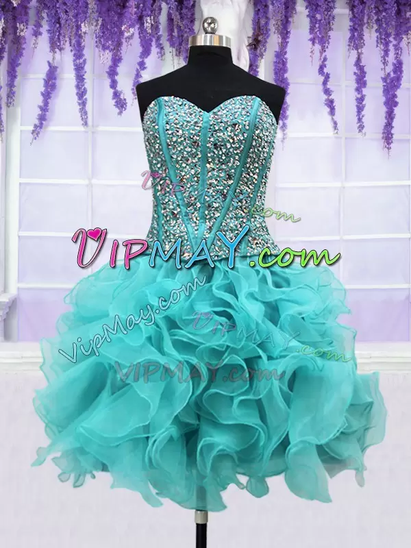 New Style Aqua Blue Sleeveless Beading and Ruffles Floor Length Quince Ball Gowns