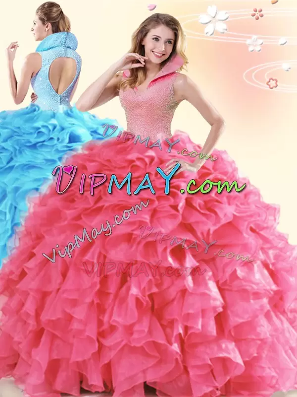 Coral Red Ball Gowns Beading and Ruffles Quinceanera Dress Backless Organza Sleeveless Floor Length
