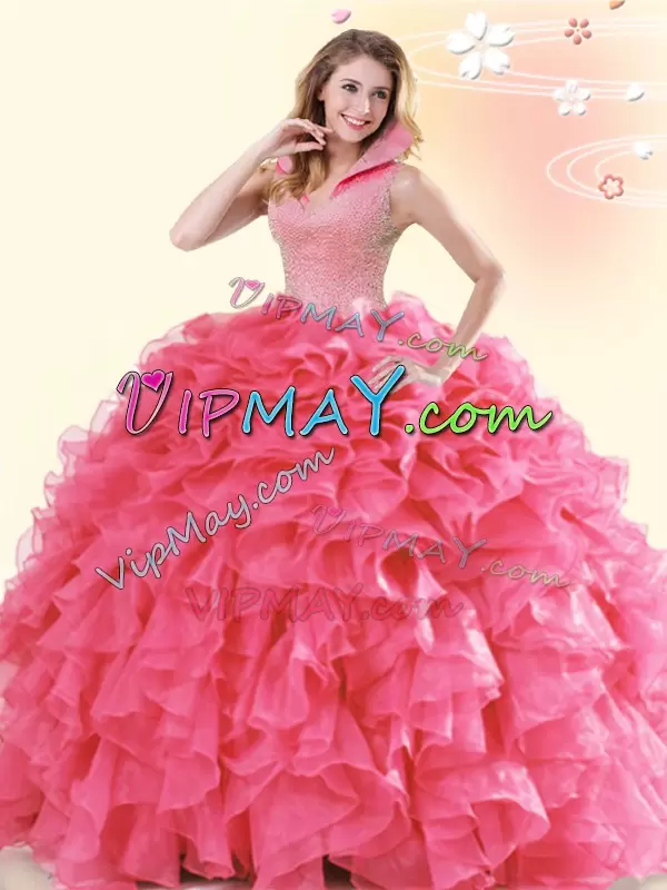 Coral Red Ball Gowns Beading and Ruffles Quinceanera Dress Backless Organza Sleeveless Floor Length
