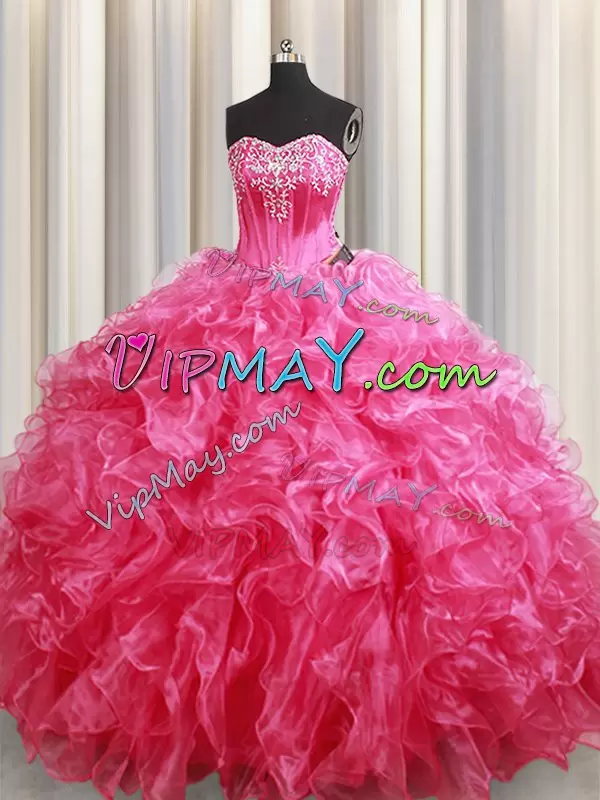 Organza Sleeveless With Train Quinceanera Gown Brush Train and Beading and Ruffles