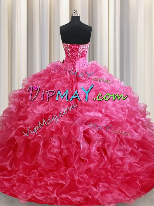 Organza Sleeveless With Train Quinceanera Gown Brush Train and Beading and Ruffles