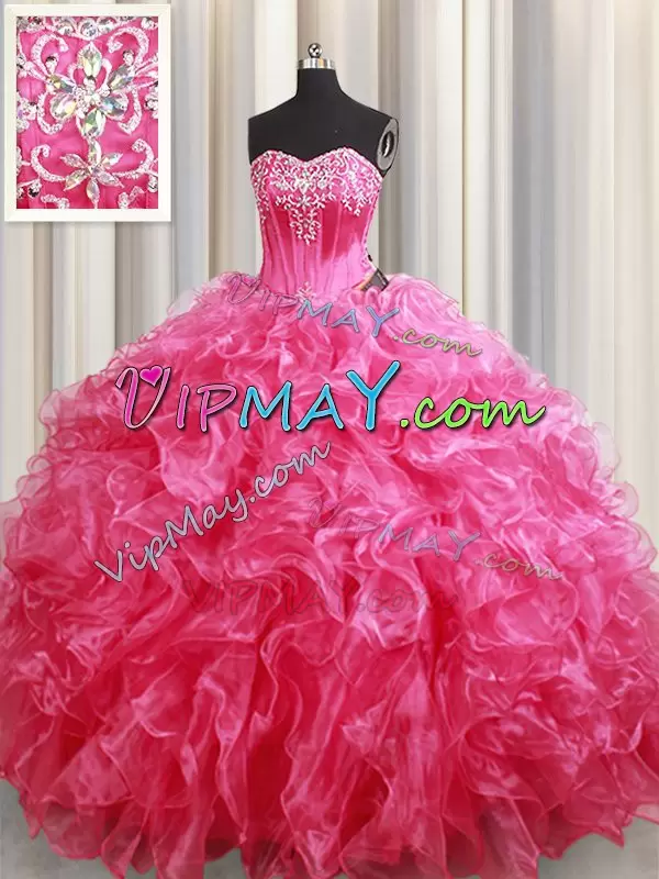 Organza Sleeveless With Train Quinceanera Gown Brush Train and Beading and Ruffles