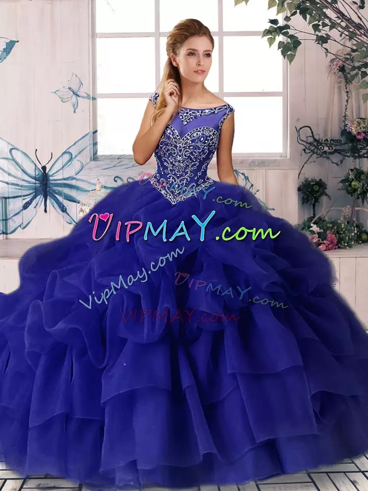 Customized Purple Organza Zipper 15 Quinceanera Dress Sleeveless Brush Train Beading and Pick Ups