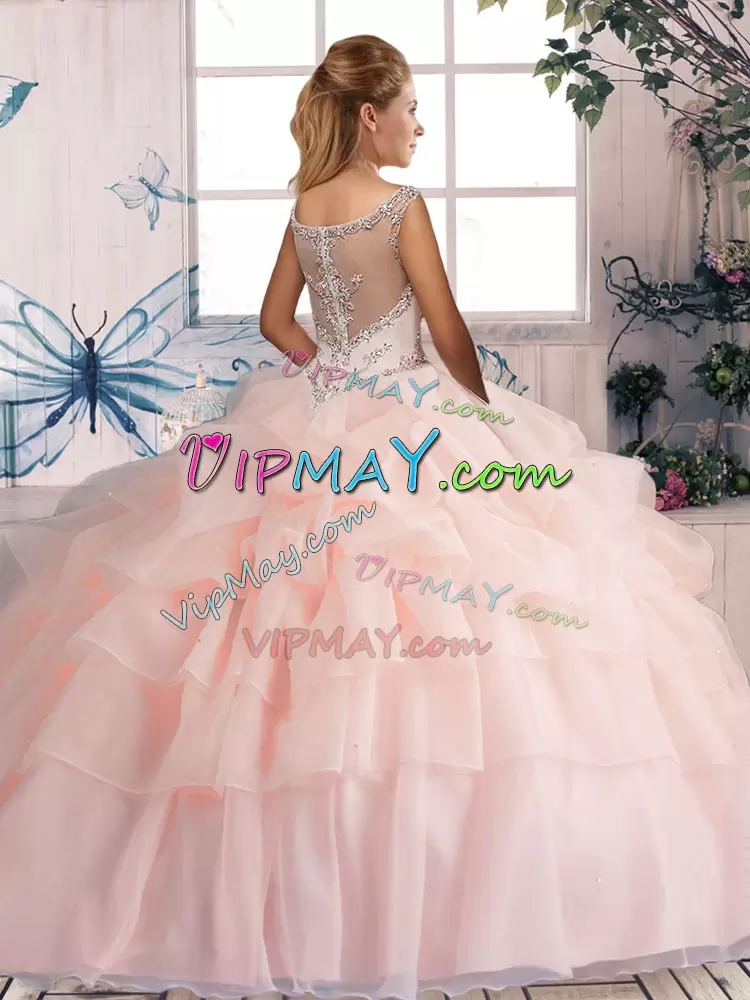 Customized Purple Organza Zipper 15 Quinceanera Dress Sleeveless Brush Train Beading and Pick Ups