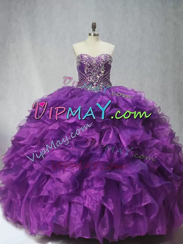 Dynamic Sleeveless Organza Brush Train Lace Up Quinceanera Gown in Purple with Beading and Ruffles