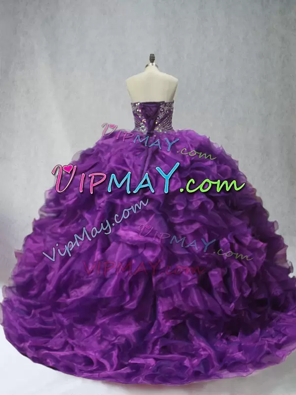 Dynamic Sleeveless Organza Brush Train Lace Up Quinceanera Gown in Purple with Beading and Ruffles