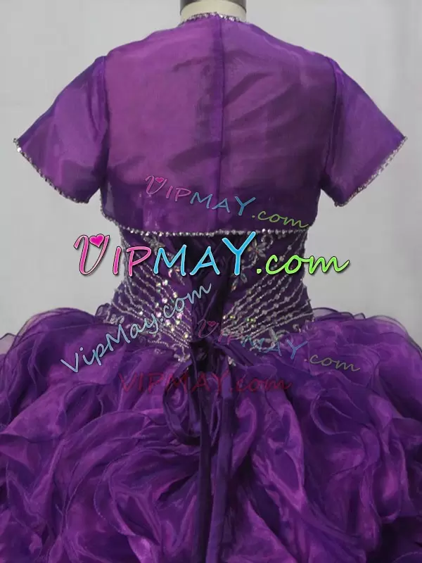 Dynamic Sleeveless Organza Brush Train Lace Up Quinceanera Gown in Purple with Beading and Ruffles