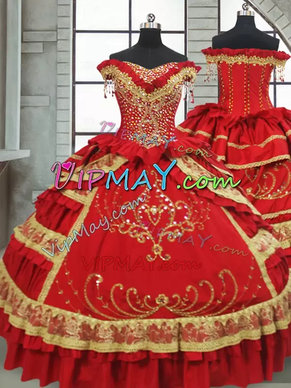 quinceanera dress with sleeves,off shoulder quinceanera dress,quinceanera dress midi cap sleeve,embroidered quinceanera dress,floral embroidered quinceanera dress,ruffled layers quinceanera dress,ruffled charro quinceanera dress,red quinceanera with gold embroidery,