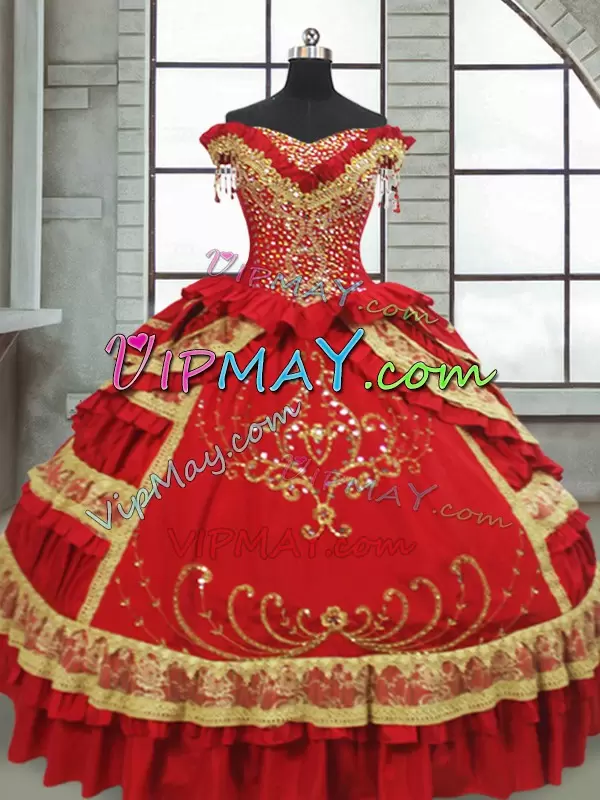 quinceanera dress with sleeves,off shoulder quinceanera dress,quinceanera dress midi cap sleeve,embroidered quinceanera dress,floral embroidered quinceanera dress,ruffled layers quinceanera dress,ruffled charro quinceanera dress,red quinceanera with gold embroidery,