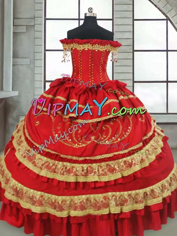 quinceanera dress with sleeves,off shoulder quinceanera dress,quinceanera dress midi cap sleeve,embroidered quinceanera dress,floral embroidered quinceanera dress,ruffled layers quinceanera dress,ruffled charro quinceanera dress,red quinceanera with gold embroidery,