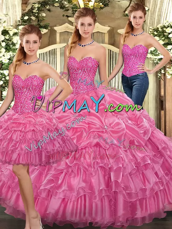 Rose Pink Sleeveless Floor Length Beading and Ruffles Lace Up Quince Ball Gowns Sweetheart