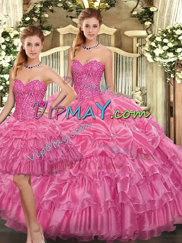 Rose Pink Sleeveless Floor Length Beading and Ruffles Lace Up Quince Ball Gowns Sweetheart