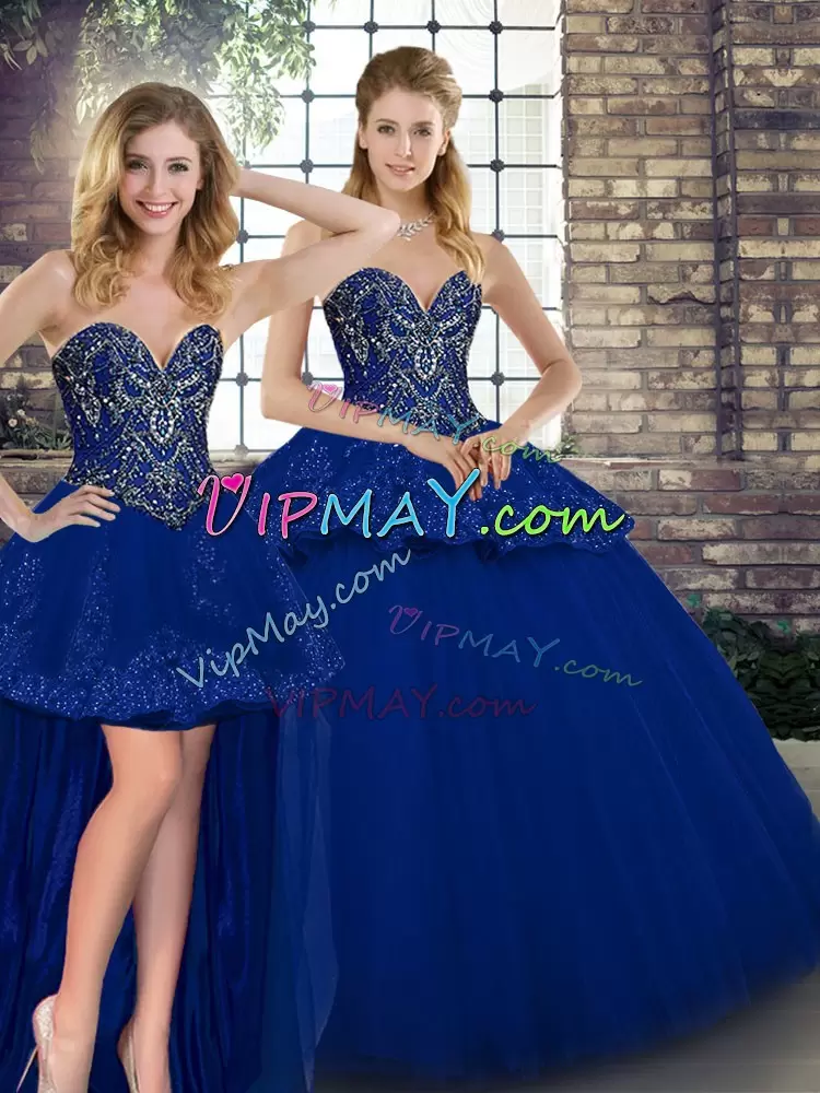 Cheap Sweetheart Sleeveless Sweet 16 Quinceanera Dress Floor Length Beading and Appliques Royal Blue Tulle