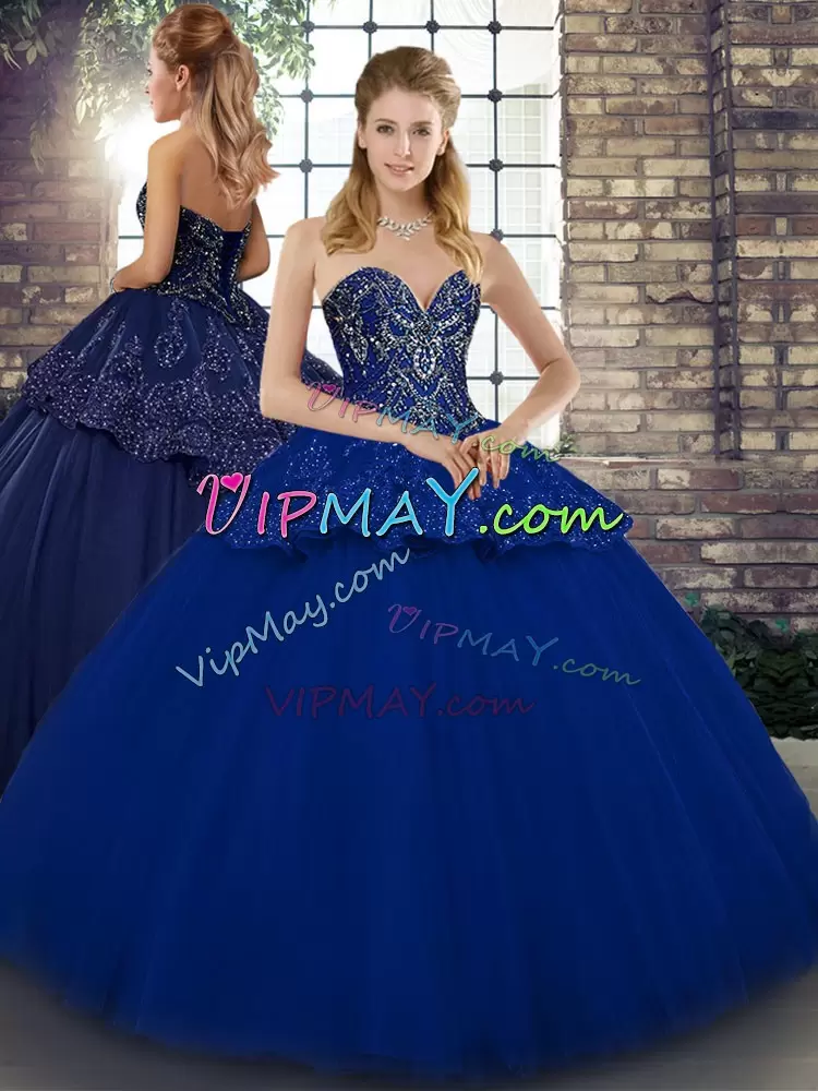 Cheap Sweetheart Sleeveless Sweet 16 Quinceanera Dress Floor Length Beading and Appliques Royal Blue Tulle