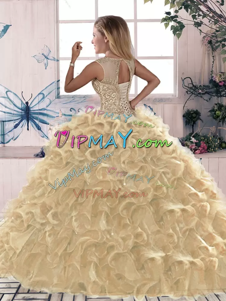 Scoop Sleeveless Quinceanera Dresses Floor Length Beading and Ruffles Peacock Green Organza