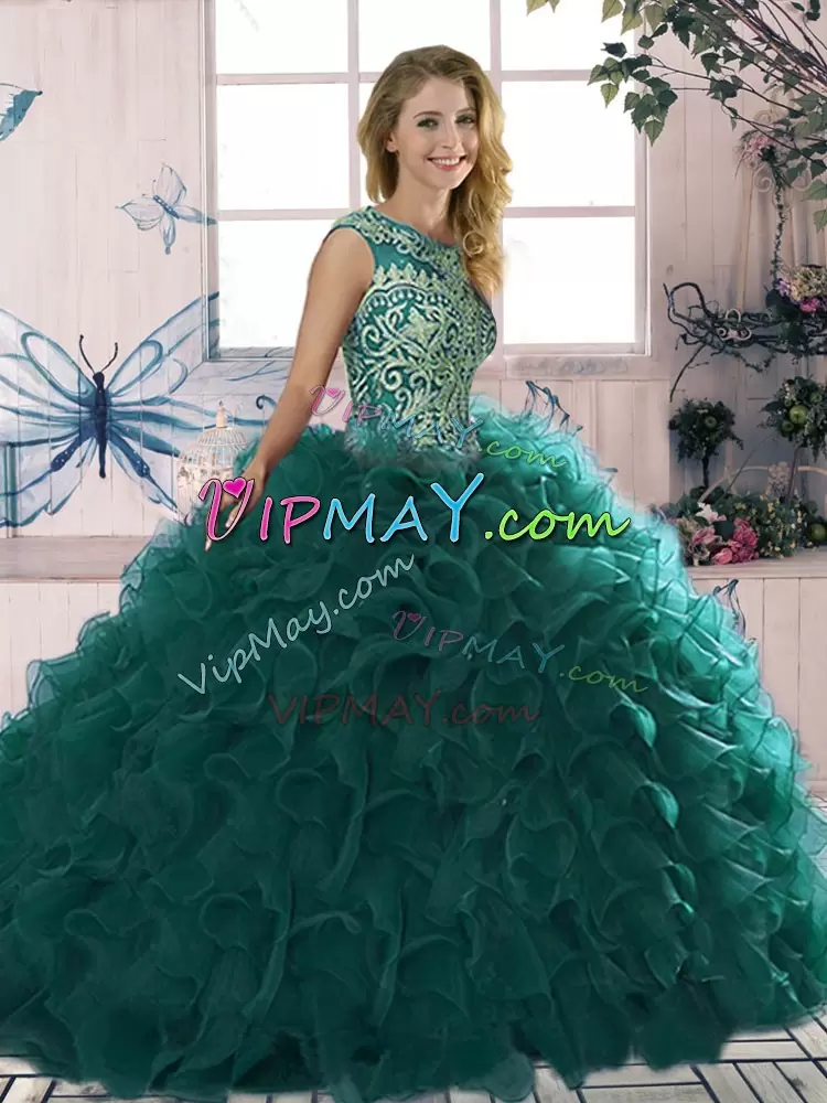 Scoop Sleeveless Quinceanera Dresses Floor Length Beading and Ruffles Peacock Green Organza