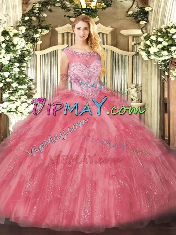 Stunning Beading and Ruffles 15 Quinceanera Dress Rose Pink Zipper Sleeveless