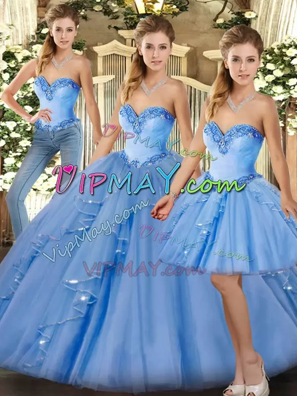 High Quality Baby Blue Sleeveless Organza Lace Up Quinceanera Gown for Military Ball and Sweet 16 and Quinceanera