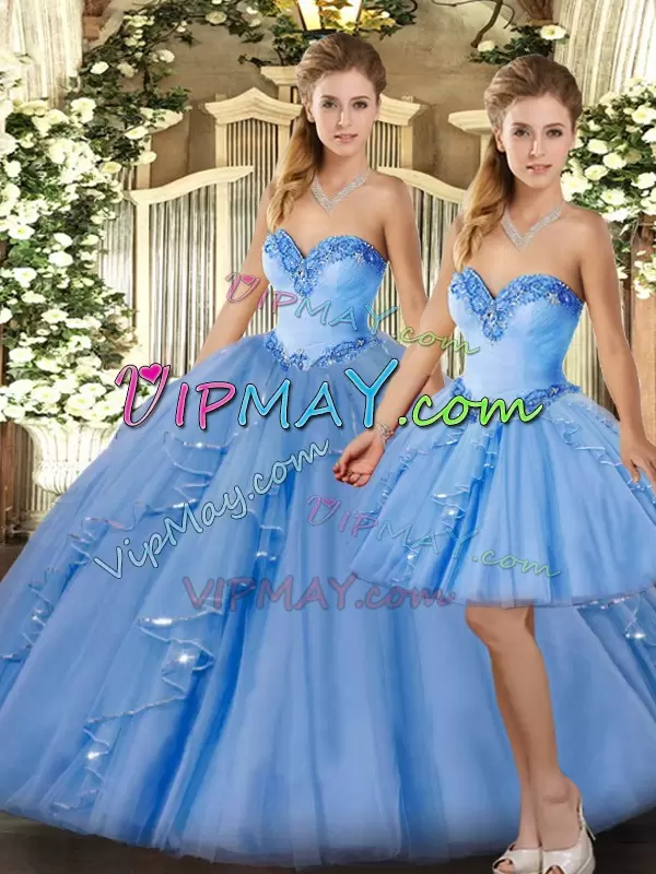 High Quality Baby Blue Sleeveless Organza Lace Up Quinceanera Gown for Military Ball and Sweet 16 and Quinceanera