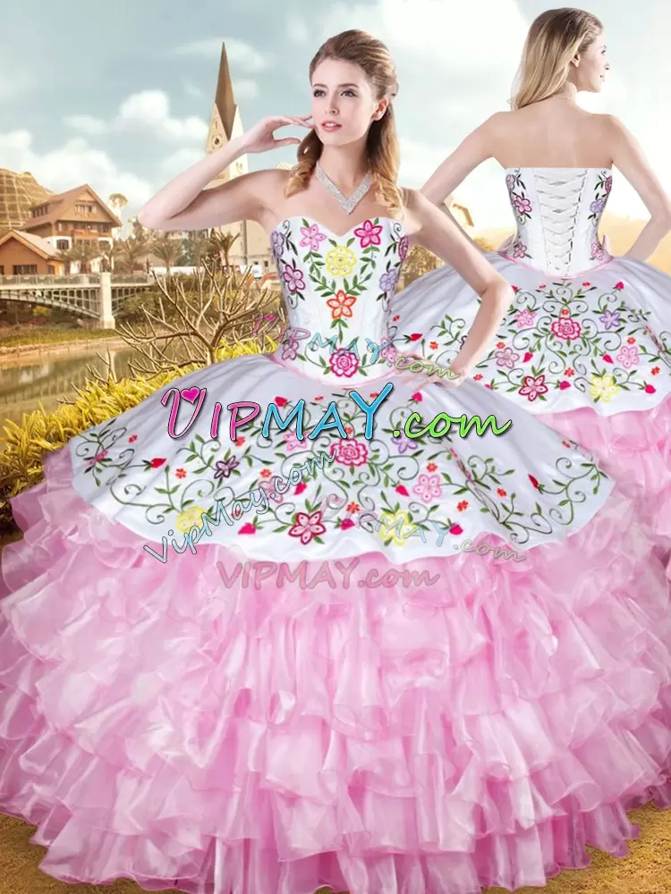 Sweetheart Sleeveless Quince Ball Gowns Floor Length Embroidery and Ruffled Layers Rose Pink Organza and Taffeta