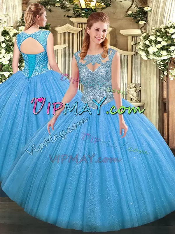 Baby Blue Lace Up Ball Gown Prom Dress Beading Sleeveless Floor Length