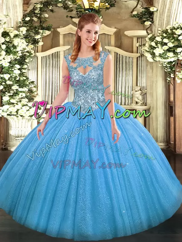 Baby Blue Lace Up Ball Gown Prom Dress Beading Sleeveless Floor Length