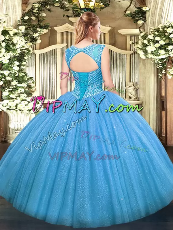 Baby Blue Lace Up Ball Gown Prom Dress Beading Sleeveless Floor Length