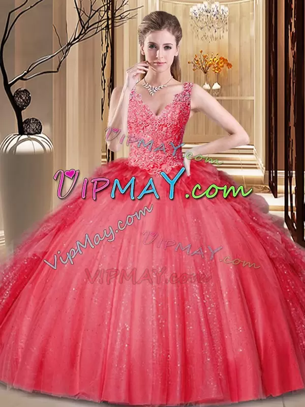 Best Selling Tulle and Sequined V-neck Sleeveless Backless Appliques and Sequins and Pick Ups 15th Birthday Dress in Red