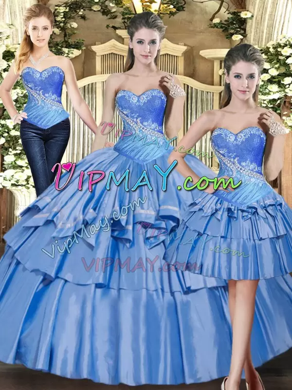 Classical Baby Blue Sleeveless Floor Length Beading and Ruffled Layers Lace Up Quinceanera Gown Sweetheart