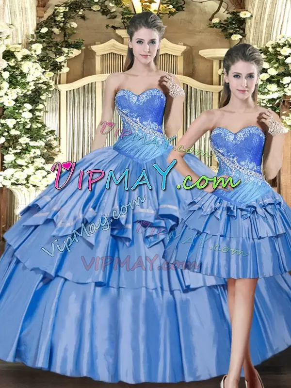 Classical Baby Blue Sleeveless Floor Length Beading and Ruffled Layers Lace Up Quinceanera Gown Sweetheart