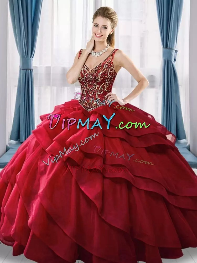 Simple Wine Red Lace Up 15 Quinceanera Dress Beading and Ruffled Layers Sleeveless Sweep Train