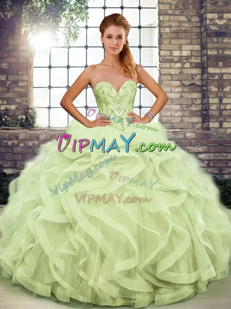 Fantastic Yellow Green Tulle Lace Up 15 Quinceanera Dress Sleeveless Floor Length Beading and Ruffles
