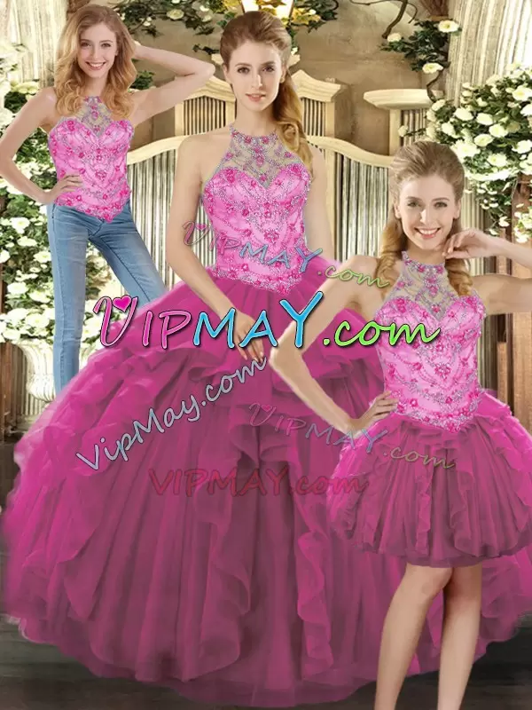 Sweet Fuchsia Lace Up Quinceanera Dress Beading and Ruffles Sleeveless Floor Length